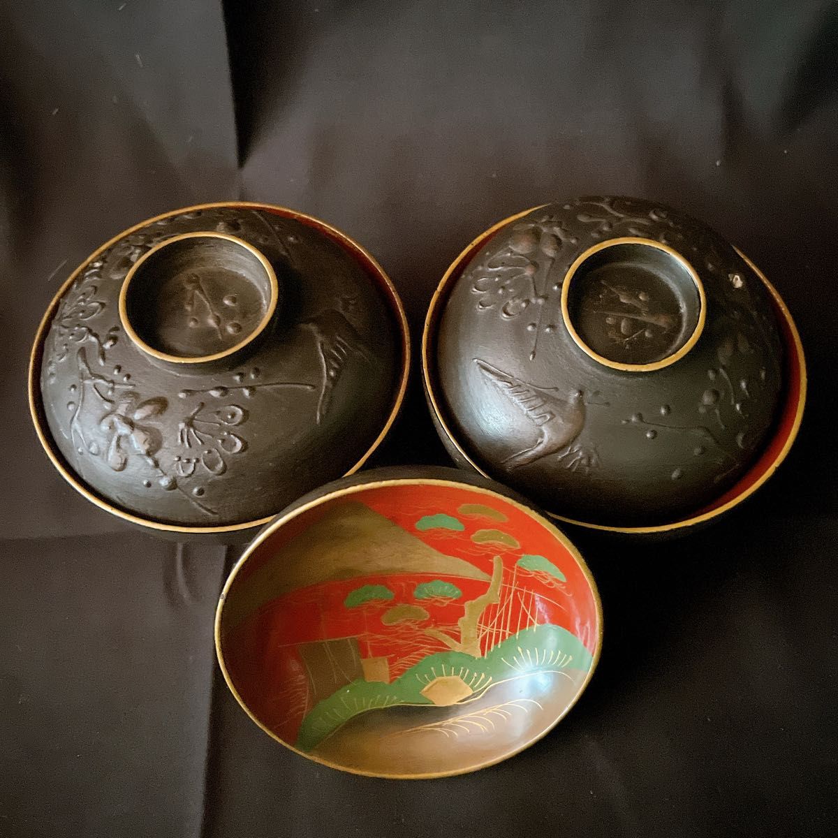 会津鉄錆塗り 古椀 梅文花鳥 松に船 山水 蒔絵 汁椀 富士 帆掛船 伝統