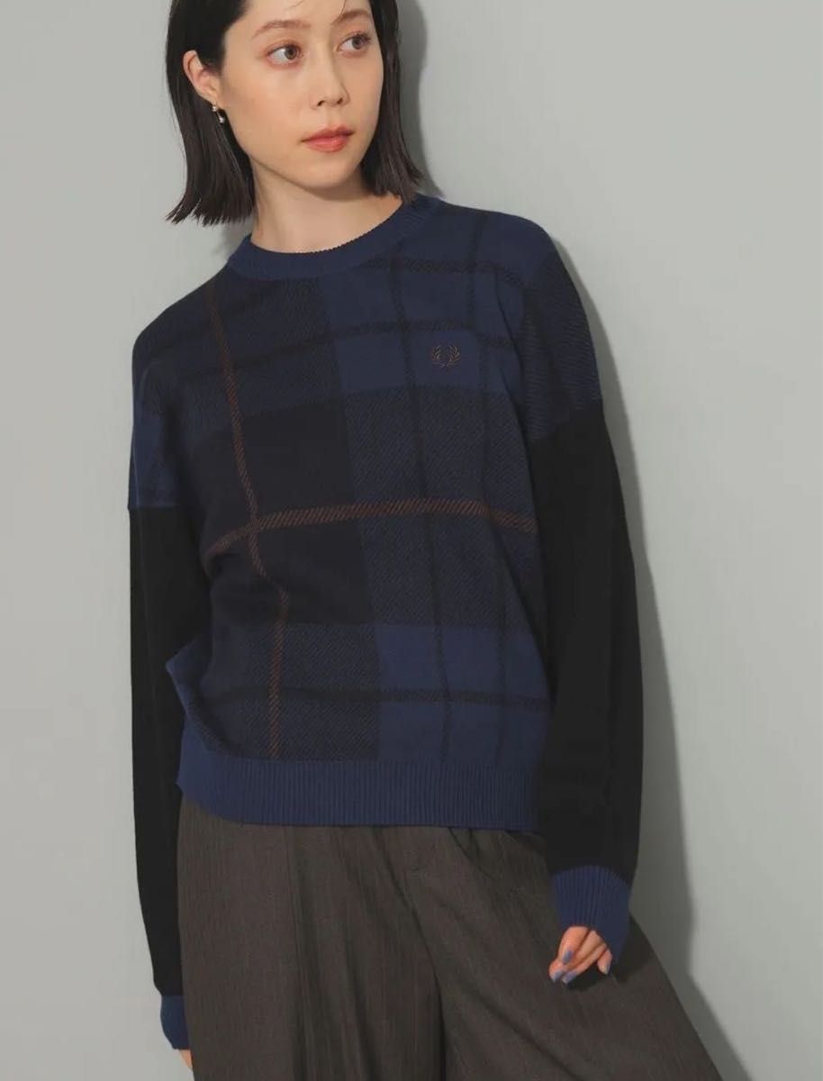 FRED PERRY × Ray BEAMS / 別注 タータンチェック ニット ネイビー