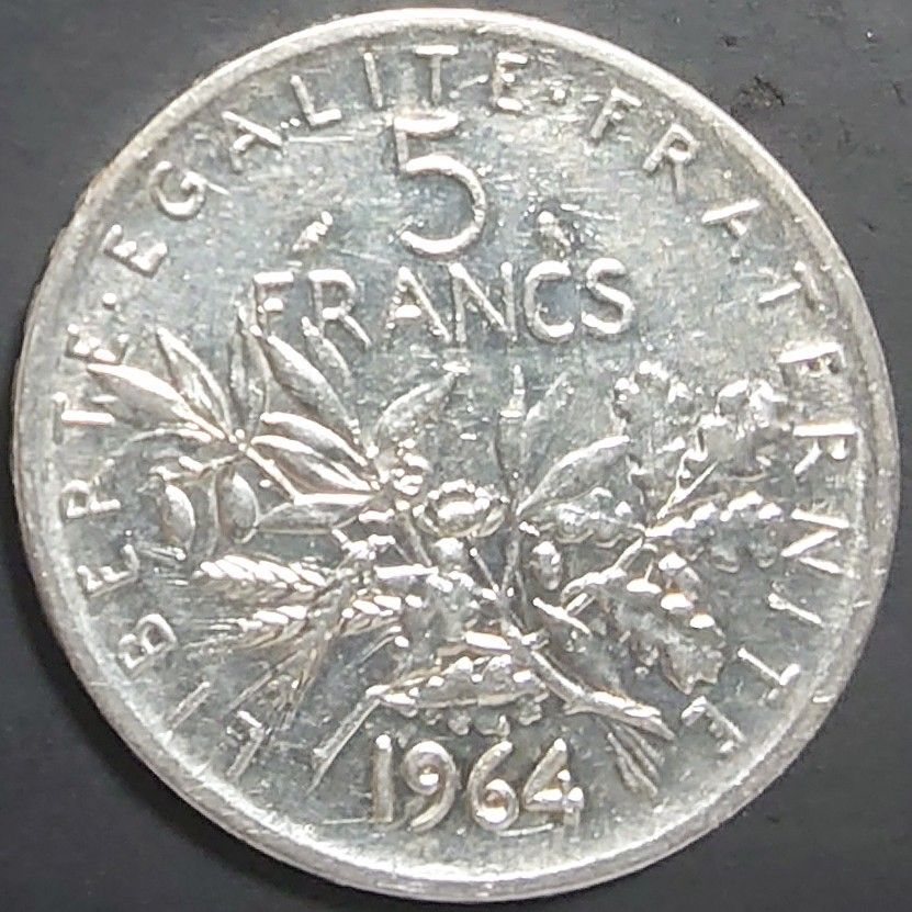 1964年 フランス銀貨 5フラン 種蒔く人 マリアンヌ銀貨 silver835