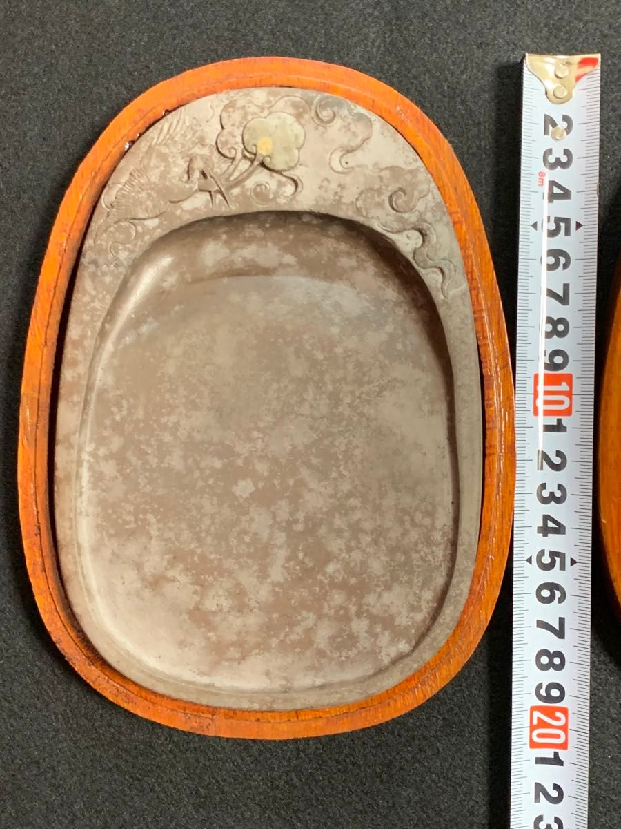 端渓硯 中国硯 木箱入り 梅に鳥彫刻 石目硯石 石筋模様 骨董 文房四宝