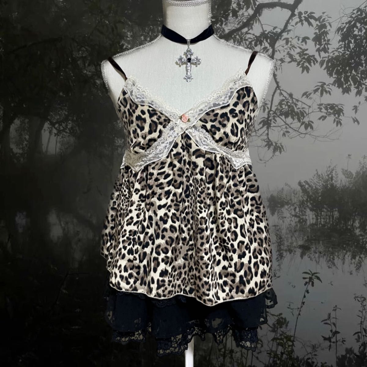 00s y2k 平成ギャル グランジ ヒョウ柄 レース キャミソール フリル M