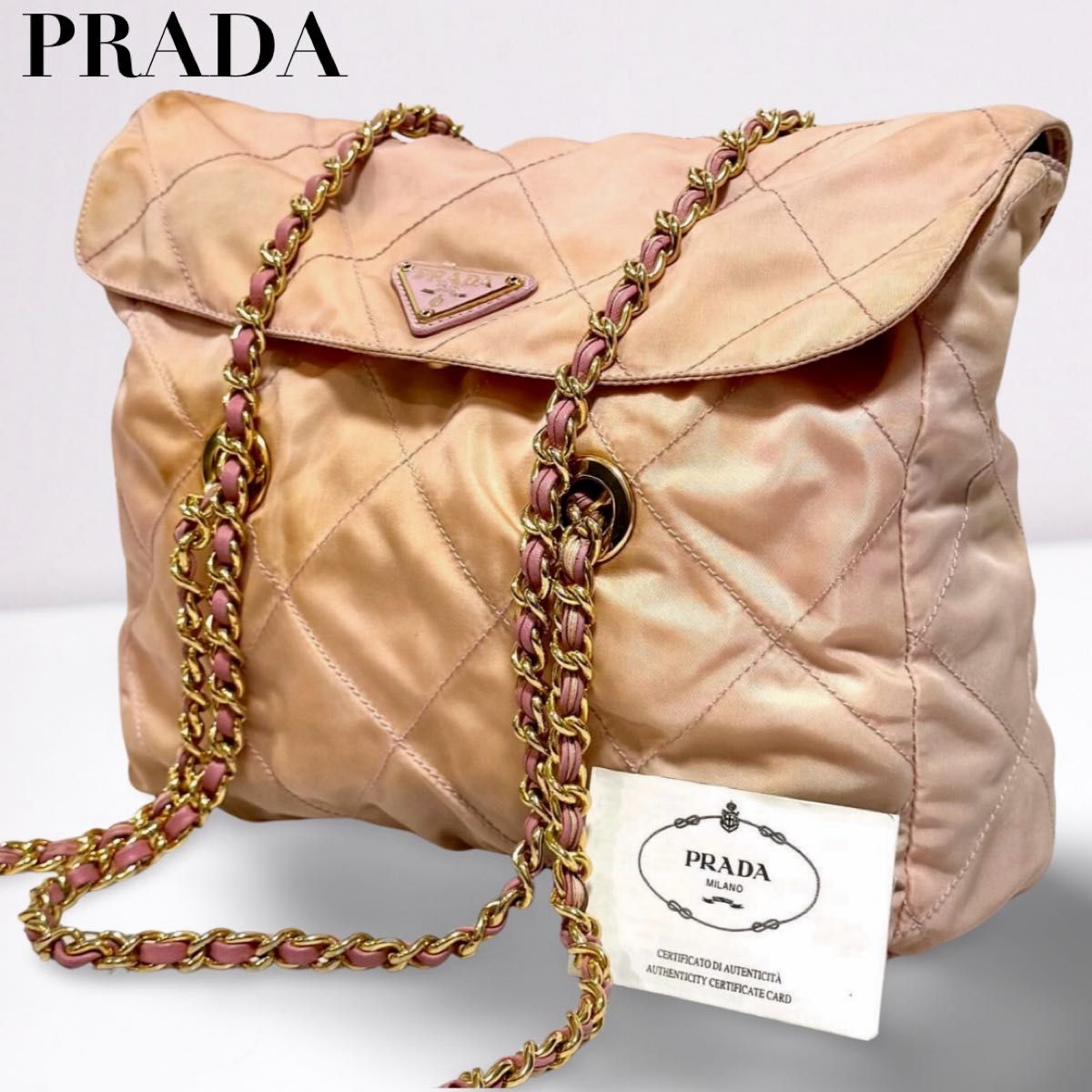 PRADA プラダ チェーンショルダーバッグ キルティング三角ロゴ ピンク