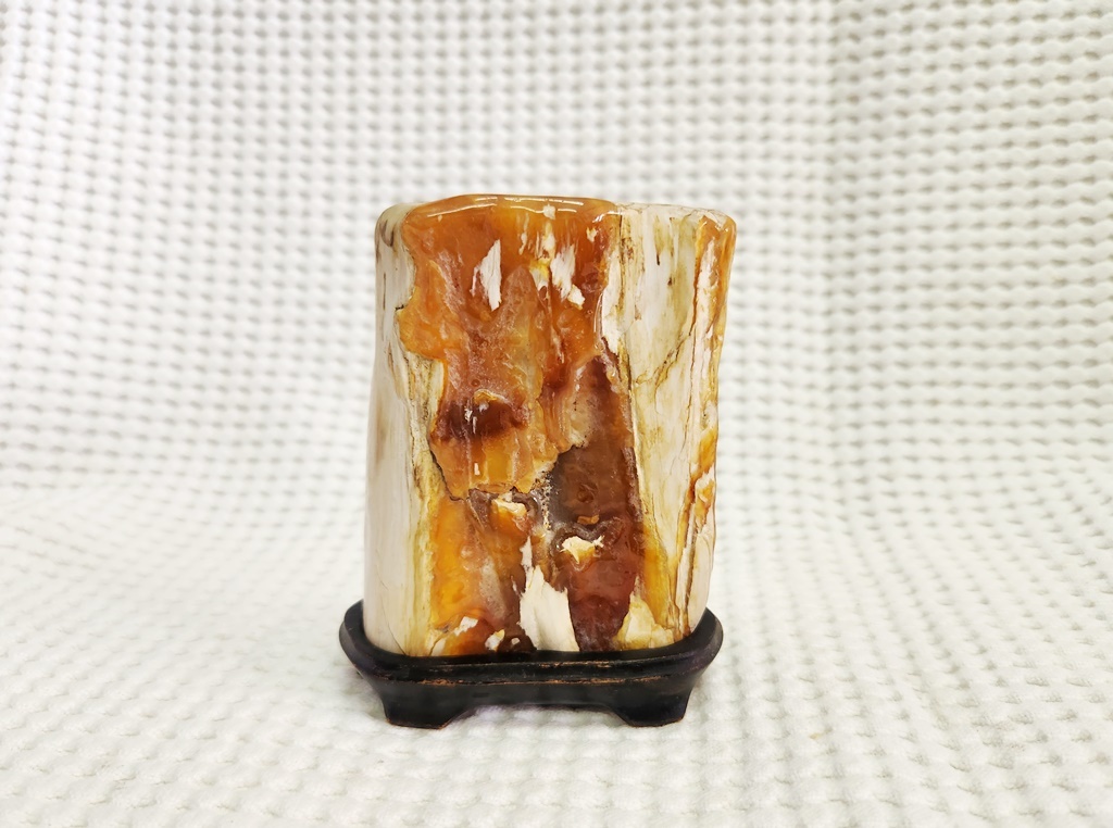 北海道産 珪化木 表面瑪瑙化（木化石 木石）手彫り台付き NO2