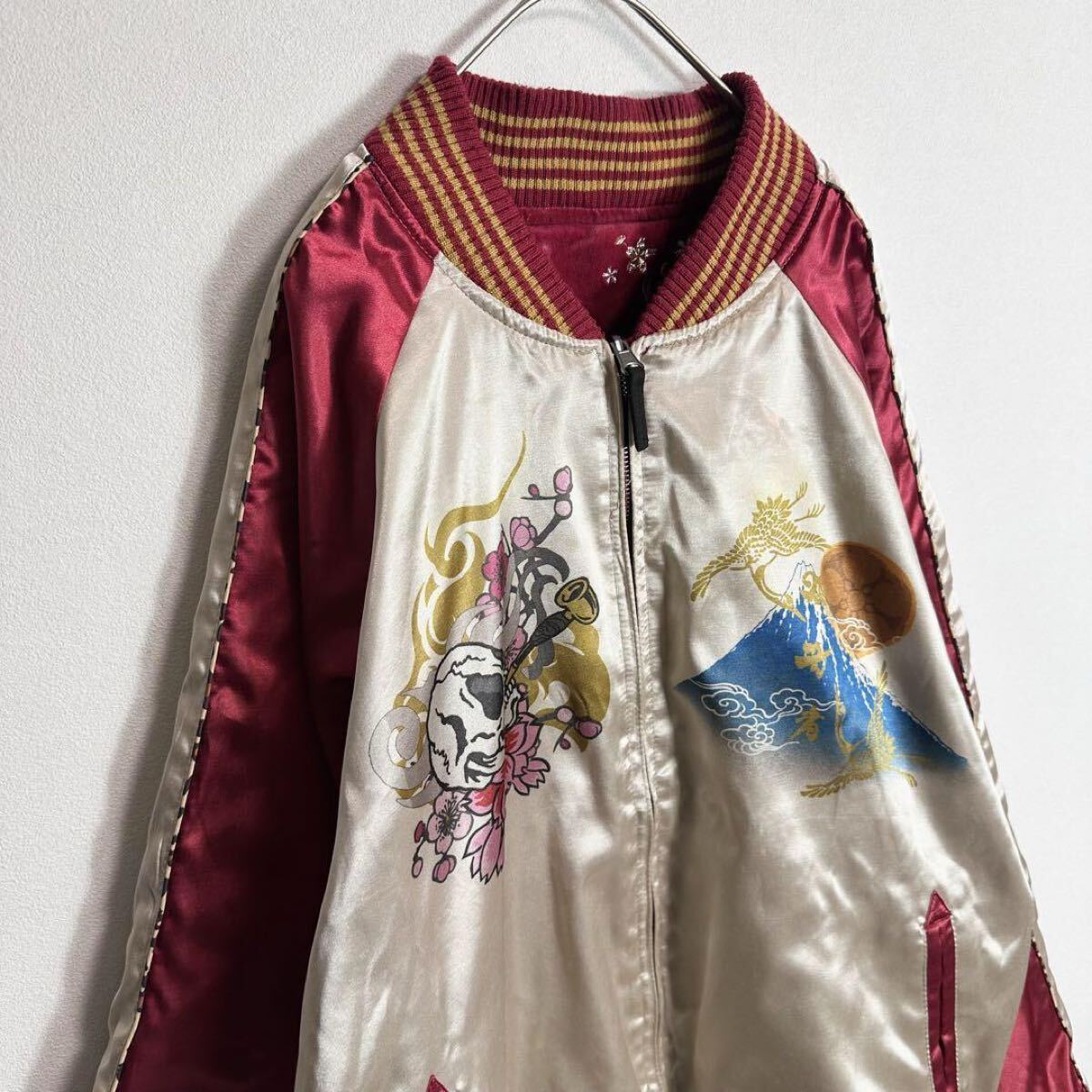 激レア】スカジャン ベロア リバーシブル 花の慶次 袖刺繍 レッド 赤
