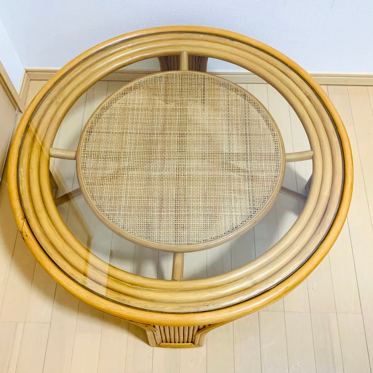 籐家具 ラタンテーブル ローテーブル ガラス天板付き 丸テーブル 昭和