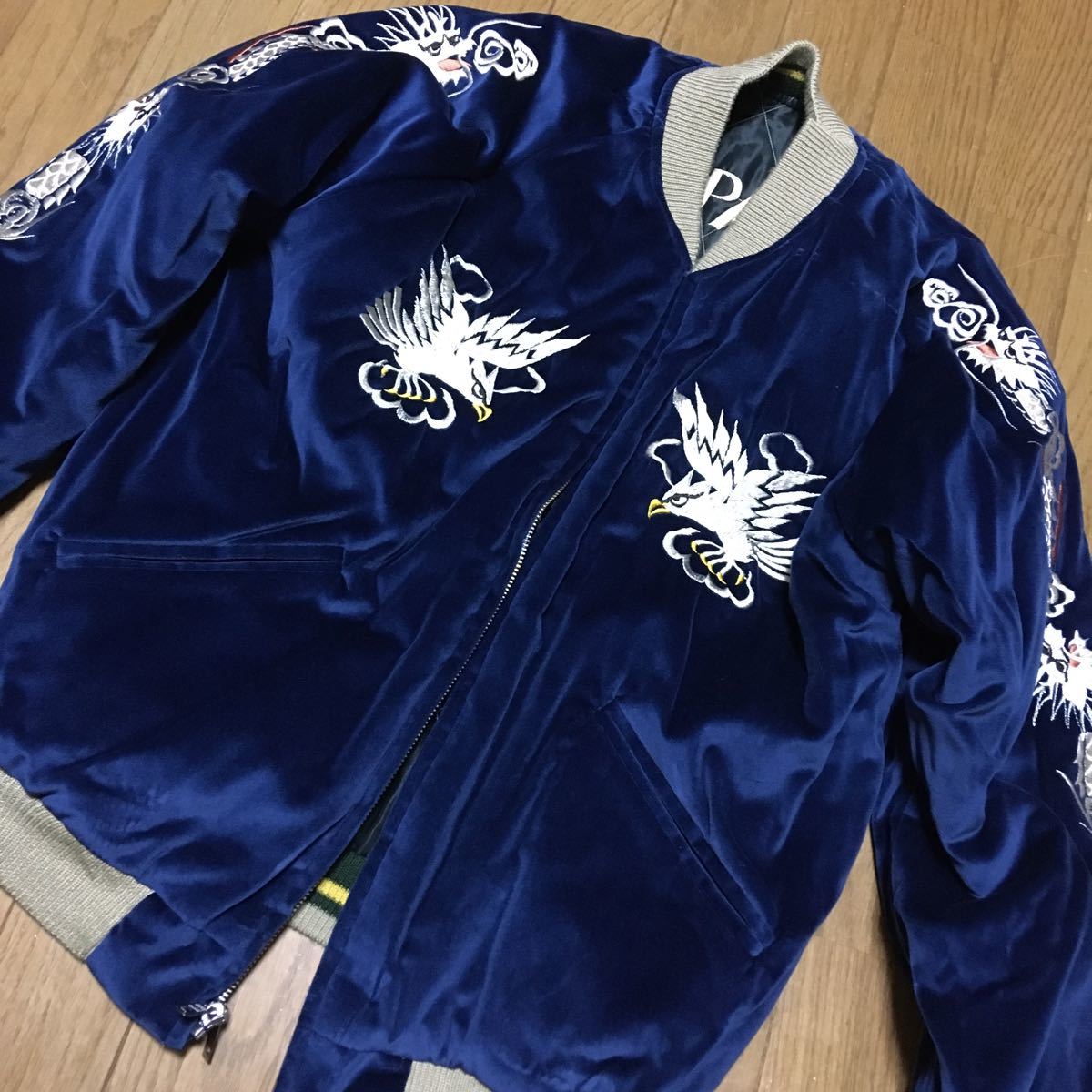 東洋 スカジャン リバーシブル 別珍 ネイビー ブラック 鷹 虎