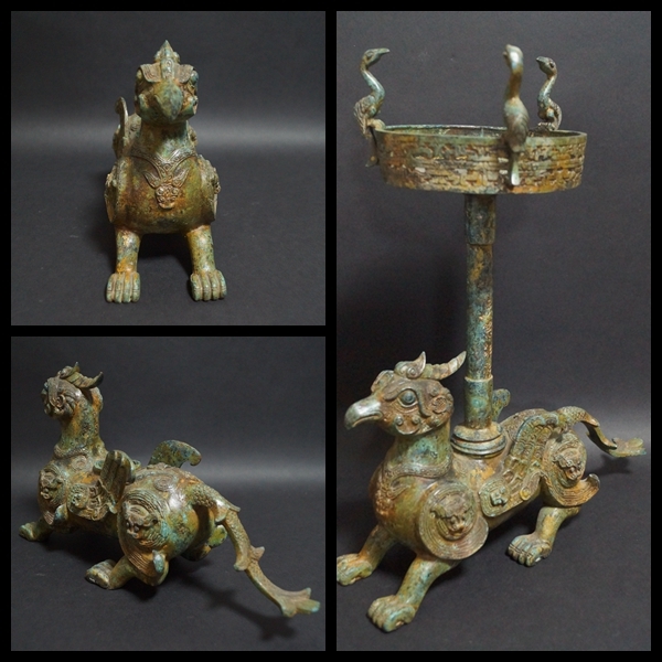 閑】大型青銅製 金工細工 戦国『鳳凰双翼獣 燭台像』迫力あるオブジェ 置物