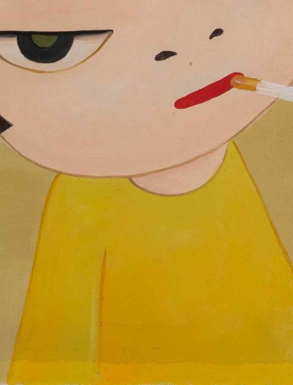 模写》奈良美智 手描き 油彩画《タバコをふかした女の子》表サイン 裏