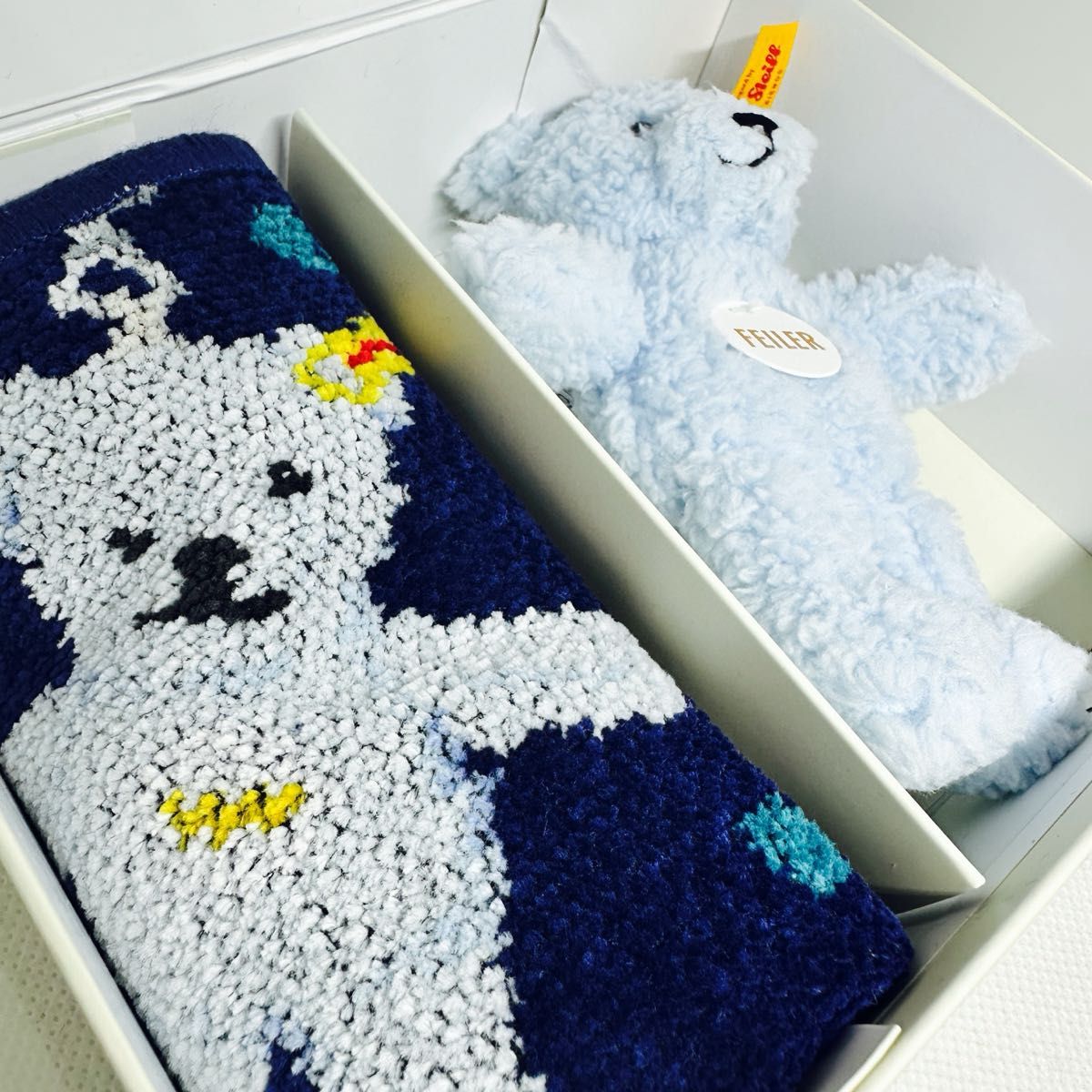 FEILER シュタイフ テディベア ハンカチセット ブルー系 未使用