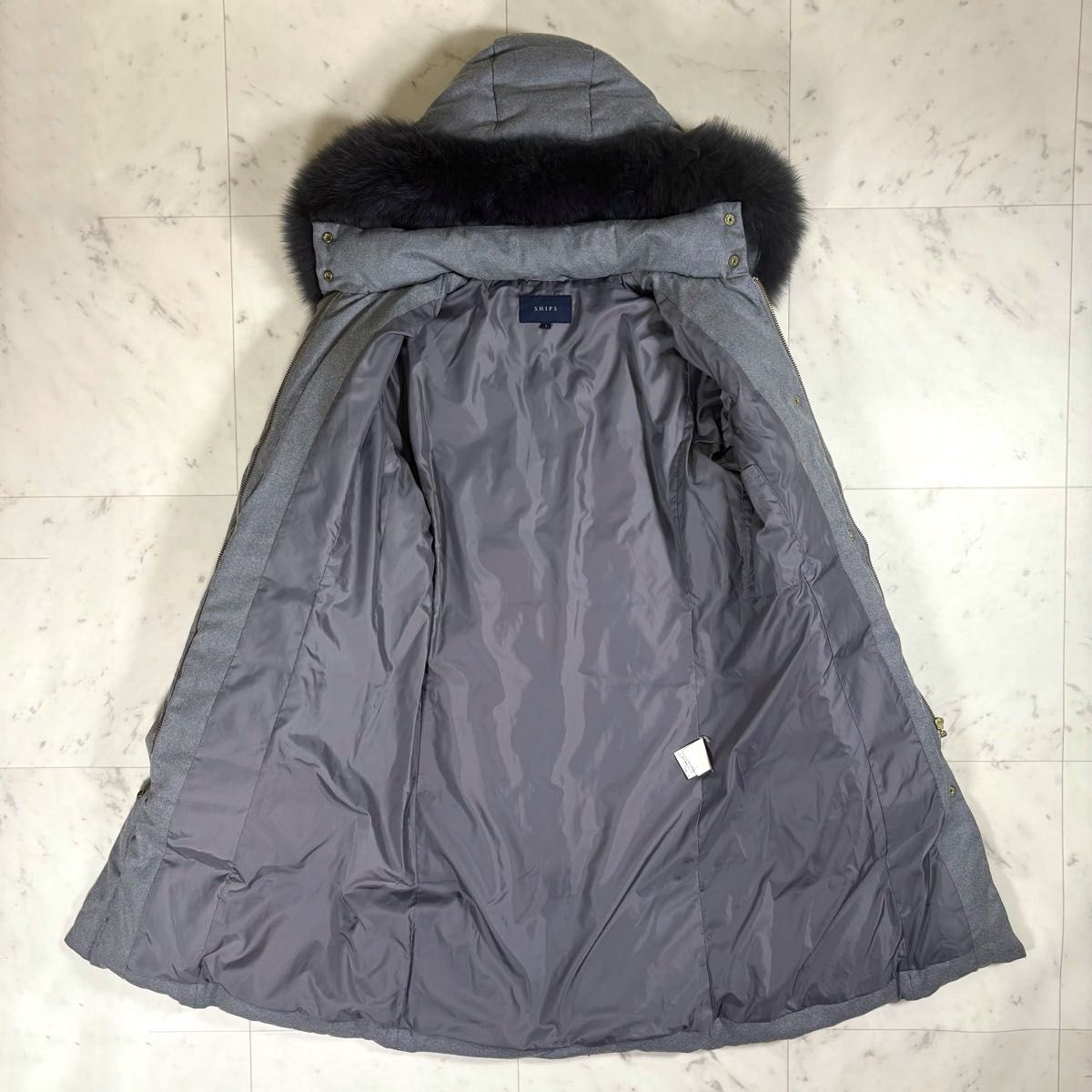 美品 シップス ロングダウンコート ブルーフォックスファー フード