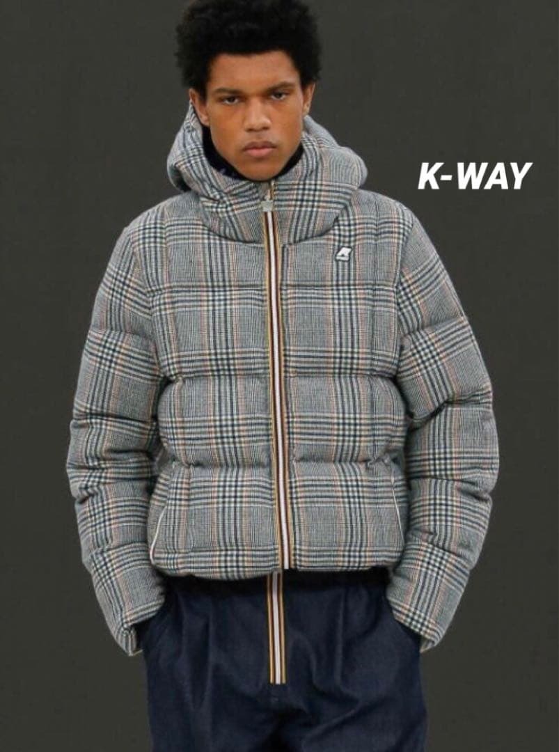 K-WAY ウールダウンジャケット グレンチェック フーディ グレー