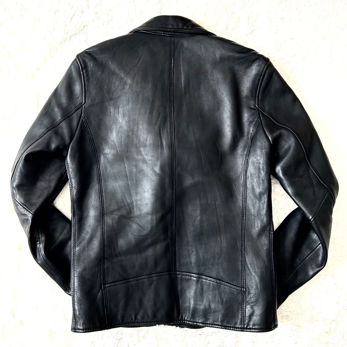 ナノ・ユニバース ダブルライダースジャケット 羊革 キルティング 黒 S