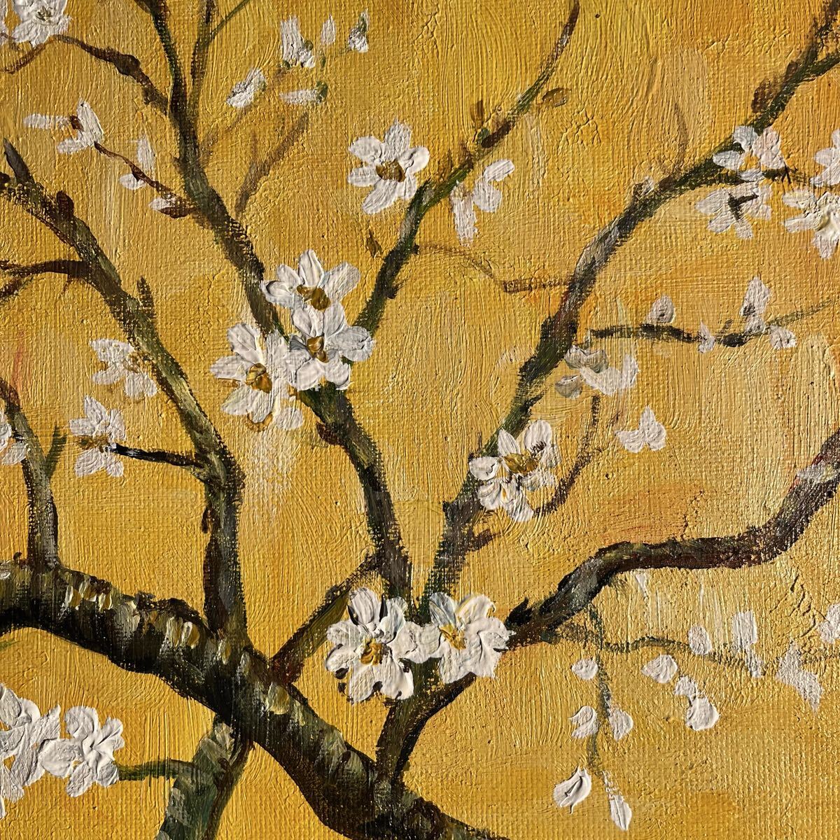 秀作 手書き油絵 ゴッホ 花咲くアーモンドの枝 額付 肉筆絵画