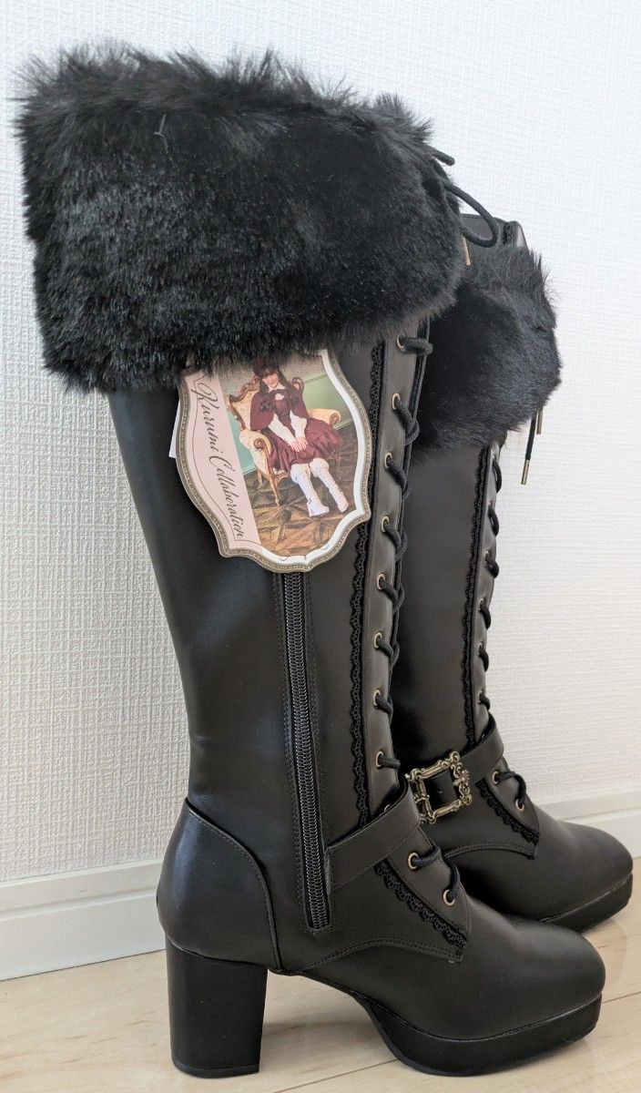 しまむら くる実 ファー付き編み上げロングブーツ L ブラック 黒