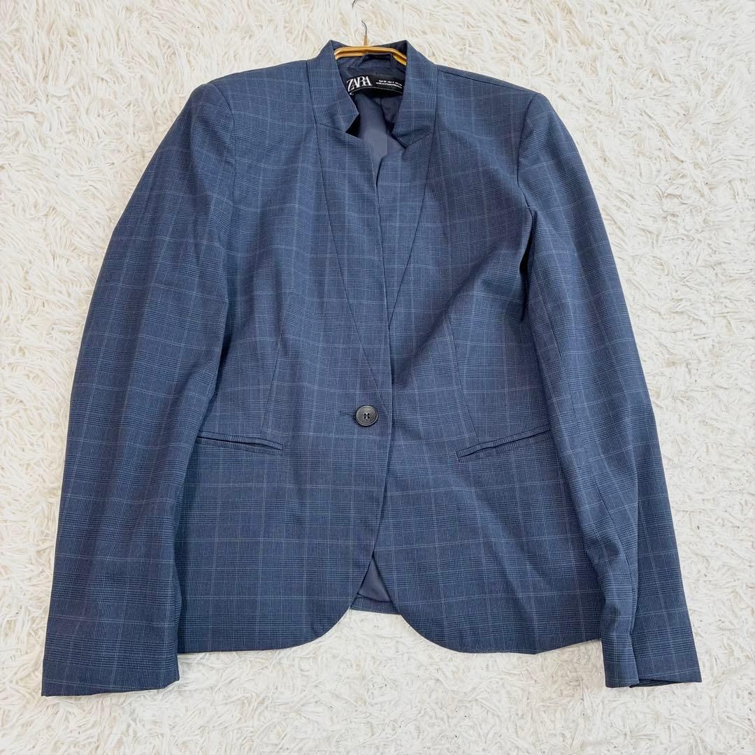 美品✨ZARA ザラ ノーカラーパンツスーツ ネイビー チェック 40 洗える