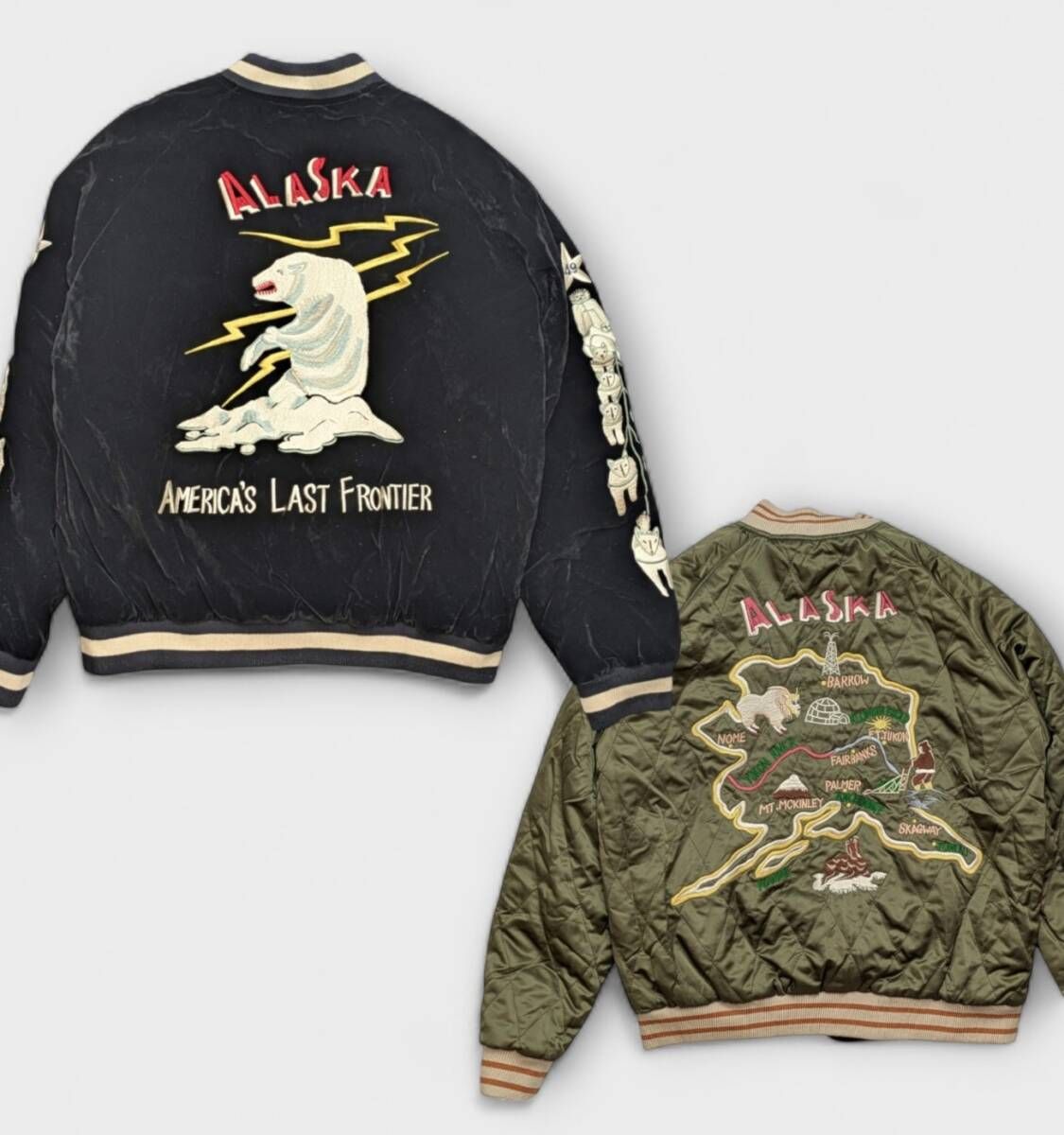 アラスカ スカジャン スーベニアジャケット 黒 白熊 鹿 刺繍 米軍