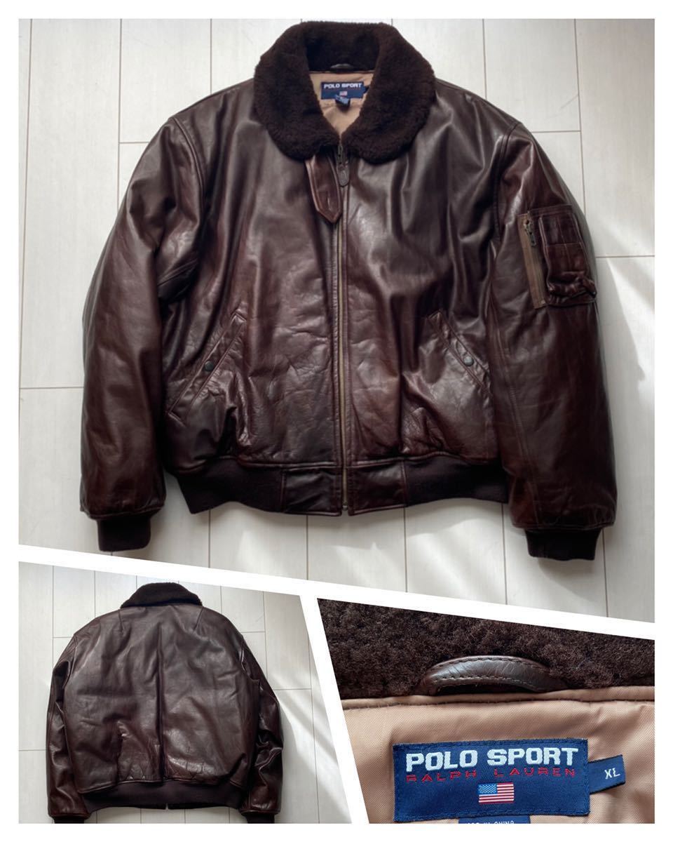 送料無料 90s POLO SPORT ラルフローレン leather レザー 革 襟ボア