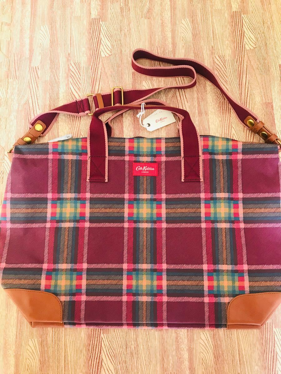 キャスキッドソン ボストンバッグ チェック 2way タグ付き 本革使い