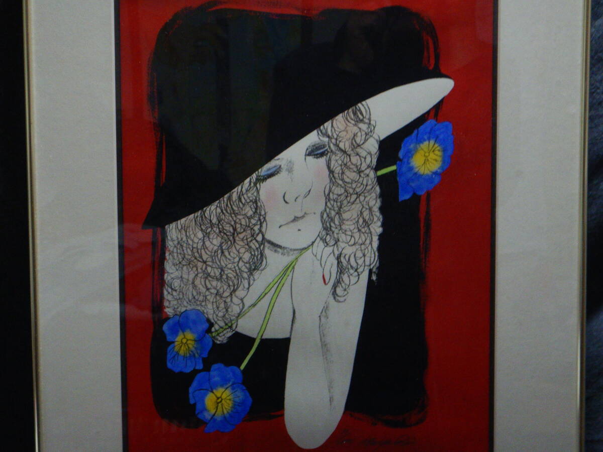 リトグラフ 真椰レイ 「帽子の女」 現代童画会 真作 版画 11/100 額装