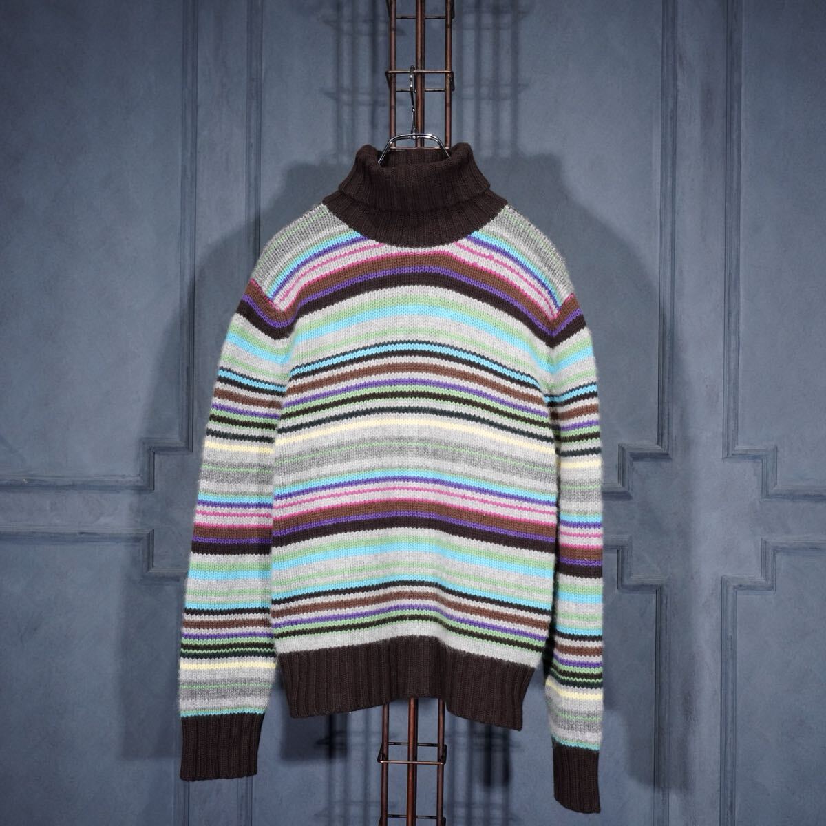 ETRO MULTI BORDER PATTERNED CASHMERE100% HIGH NECK KNIT/エトロ