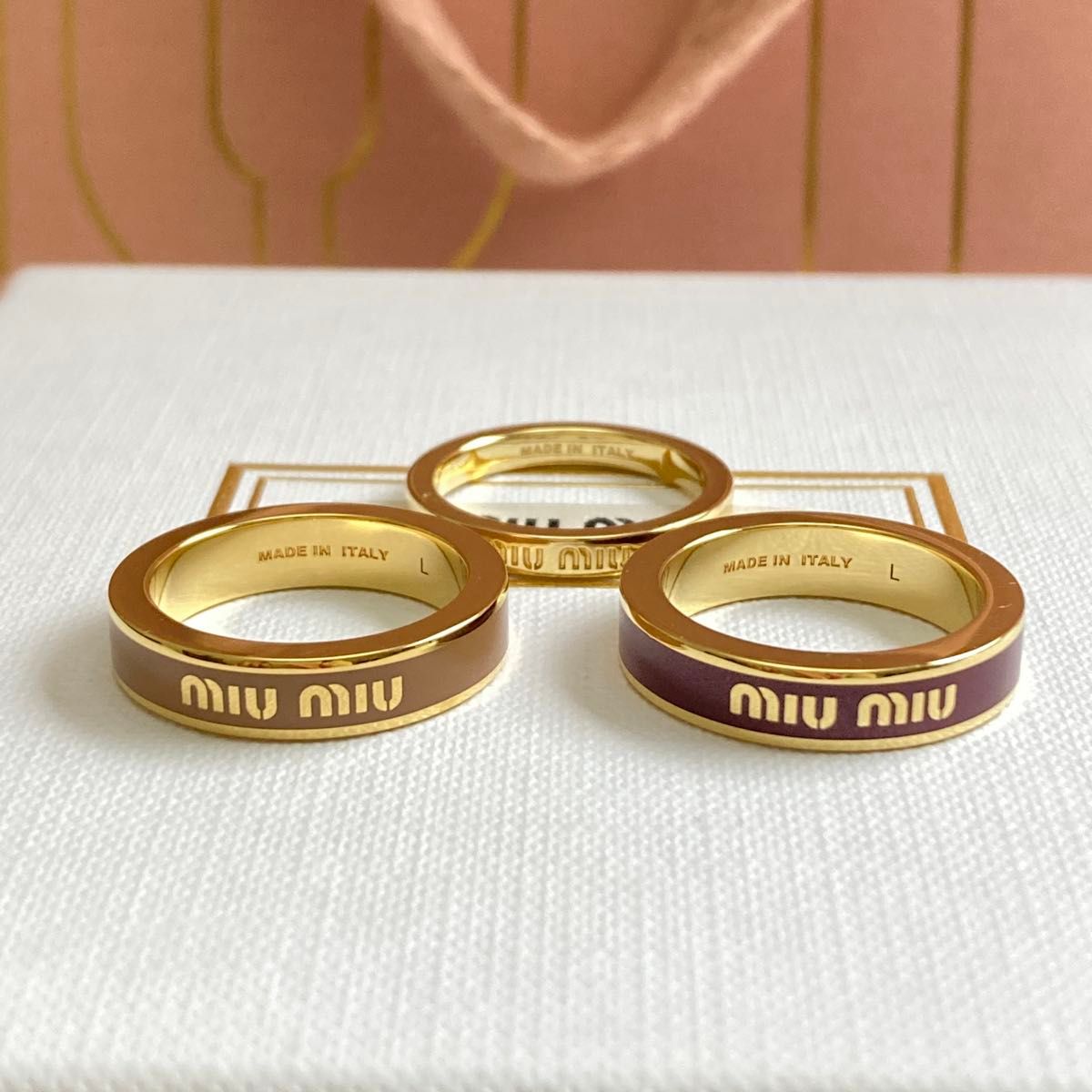 極美品 miumiu ロゴ エナメル メタル リング 3連 指輪 ゴールド