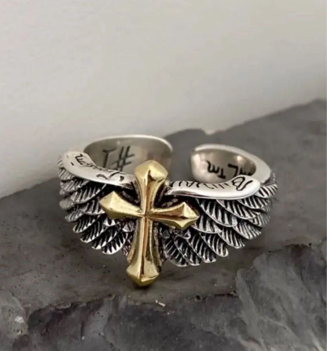 クロムハーツ風 ゴールドクロス 細工デザインリング 十字架 新品