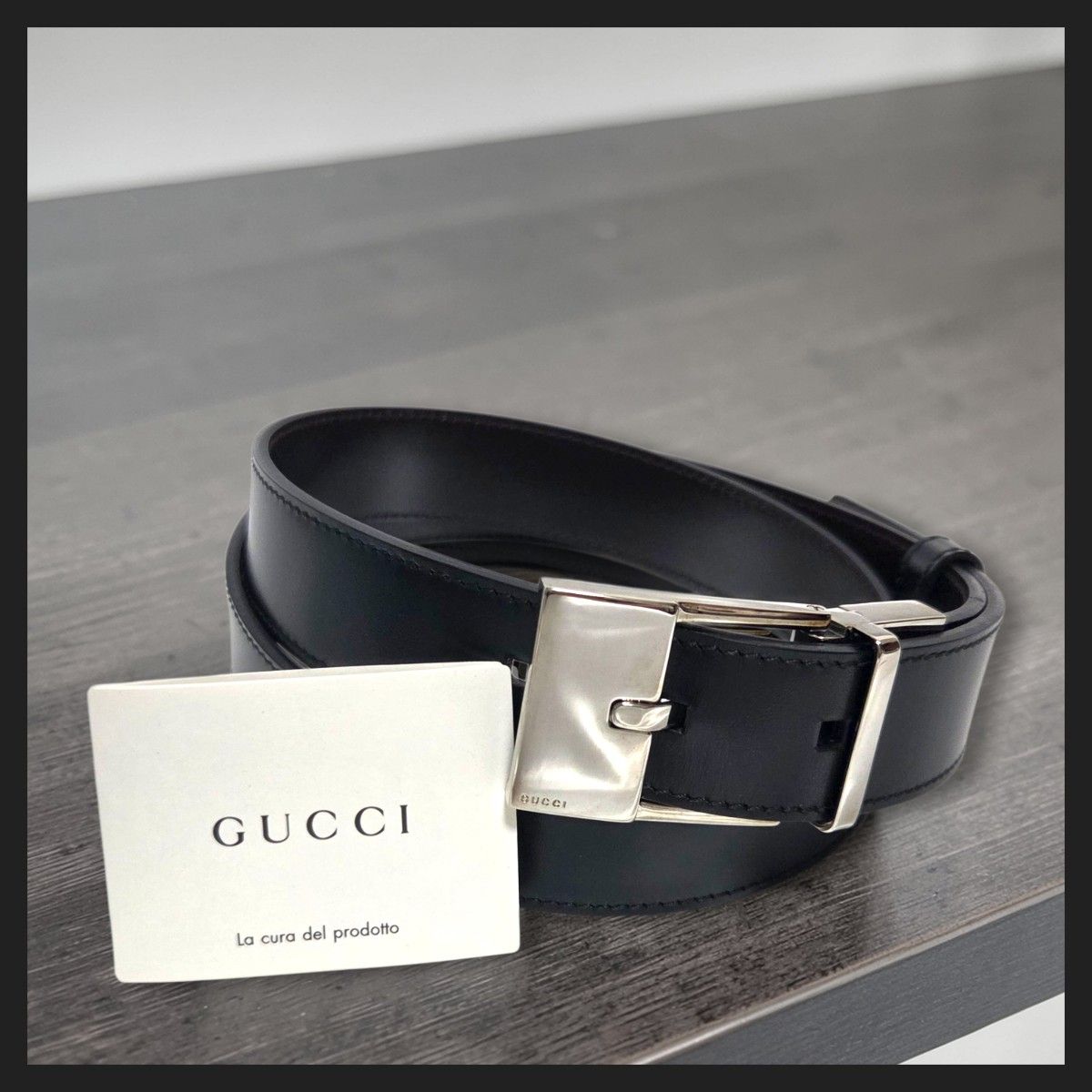 GUCCI グッチ スクエアバックル レザーベルト ブラック ダークブラウン