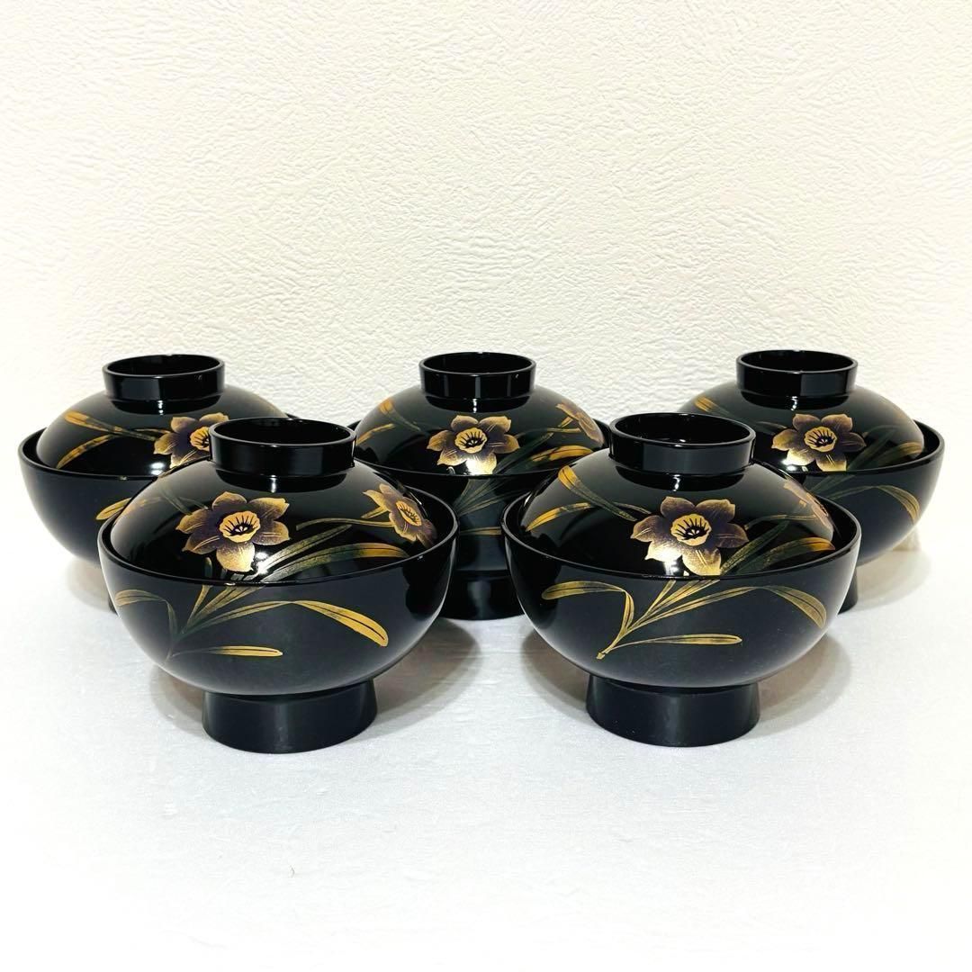 会津塗 合成漆器 秀峰漆房 水仙蒔絵 蓋付きお吸い物椀揃5客 未使用品