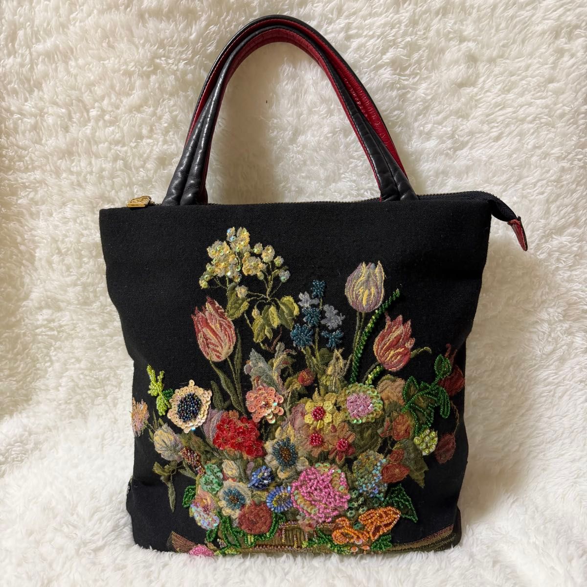 Think Bee トートバック フラワー 花柄 ビーズ ゴブラン織り ブラック