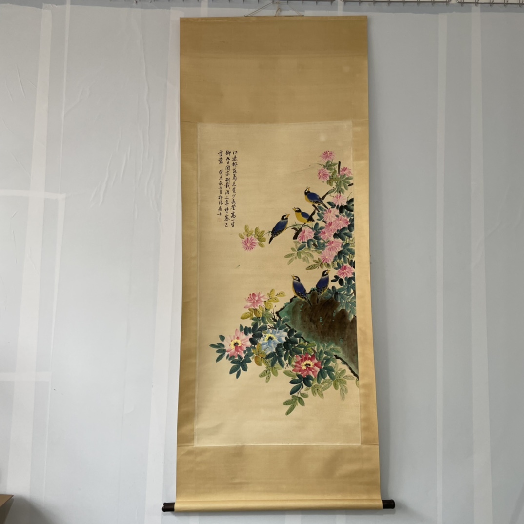 真作/森琴石/青緑春景山水画賛/軸先紫檀/桐題箱付/布袋屋掛軸HB-767