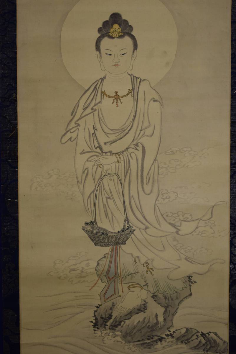 真作/岡田紫郊/岩上観音図/布袋屋掛軸HE-275 真作/岡田紫郊/岩上観音図
