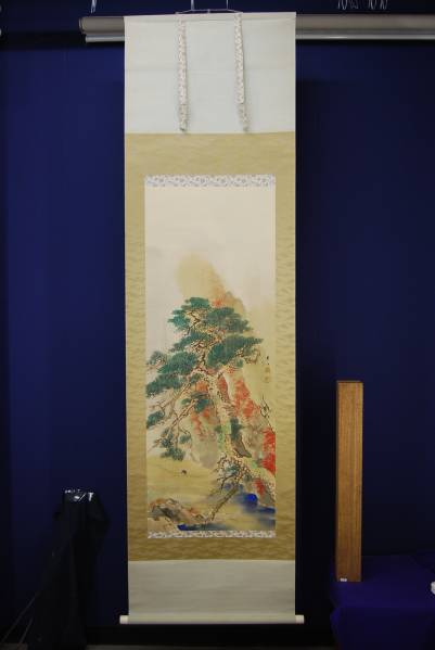 真作/山中芳谷/秋景山水雨中筏下り図/布袋屋掛軸HB-565 真作/山中芳谷