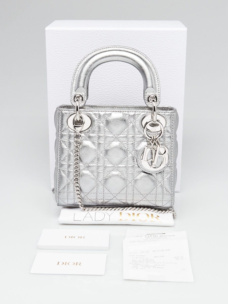Christian Dior Silver Cannage Quilted Lambskin Leather Mini Lady