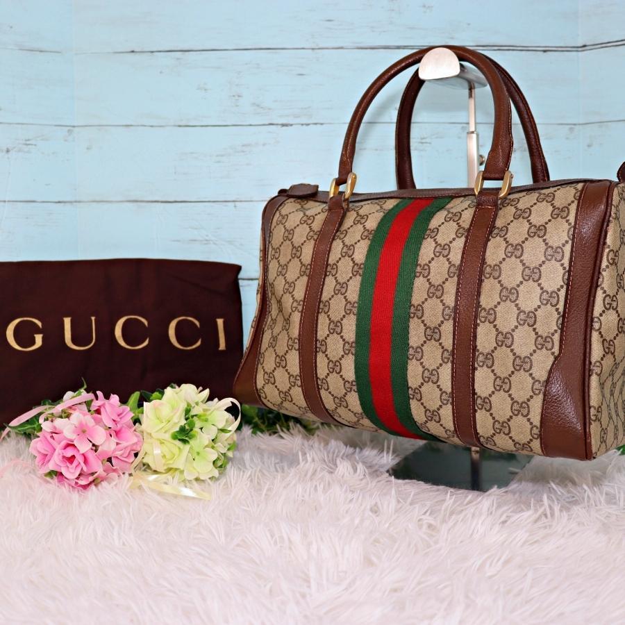 GUCCI オールドグッチ ミニボストンバッグ GGスプリーム 茶色×ベージュ