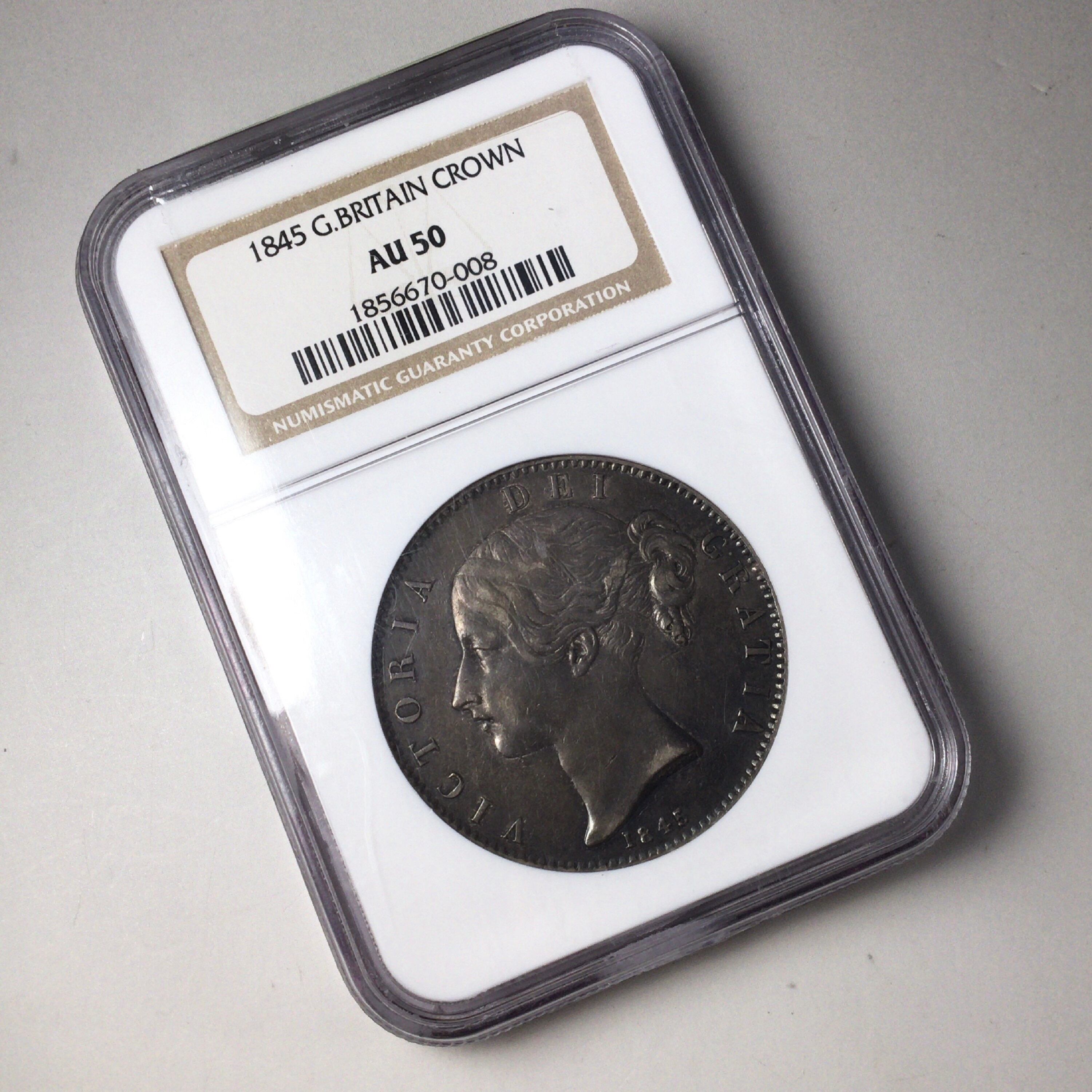 1845年 ヴィクトリア女王 イギリス 英国 クラウン銀貨 NGC AU50