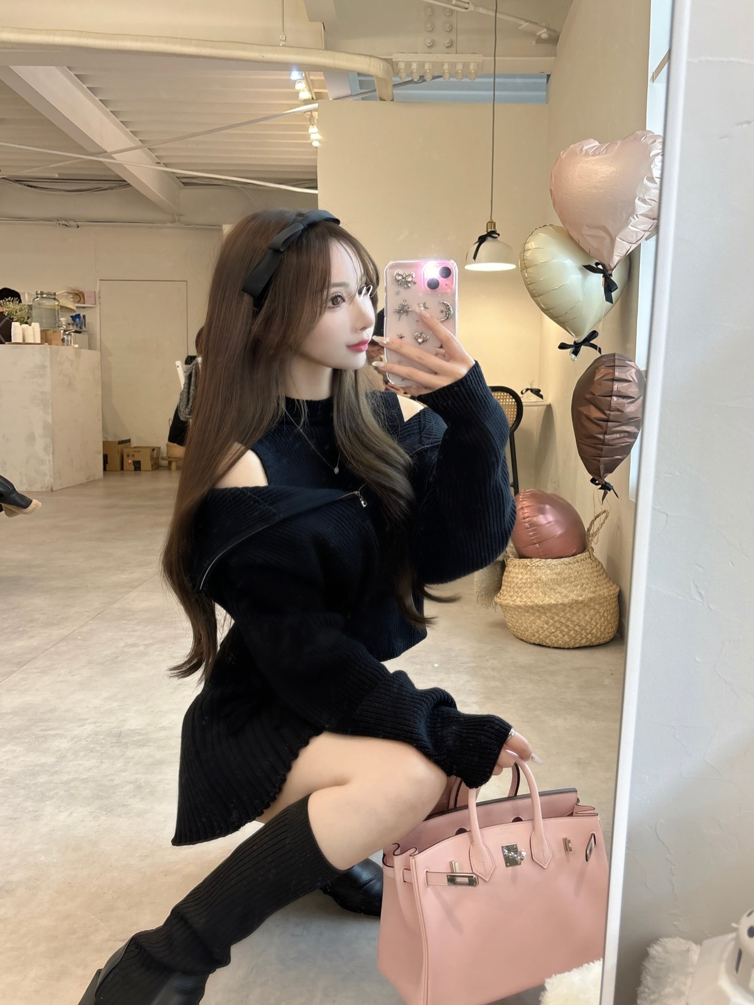 Lumignon original ♥ off shoulder zipper knit ribbon skirt set up