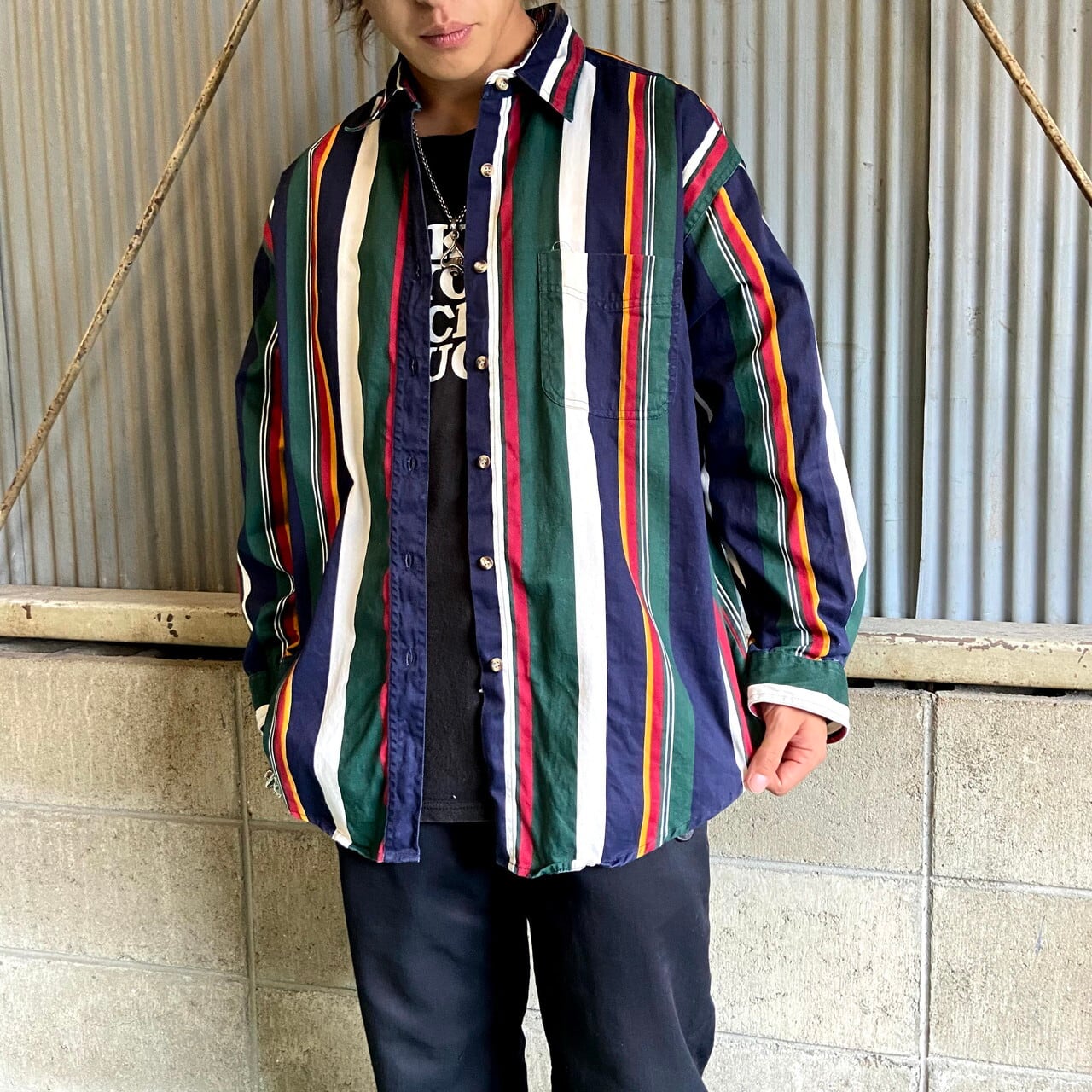 90年代 details express 長袖 マルチストライプシャツ メンズL相当