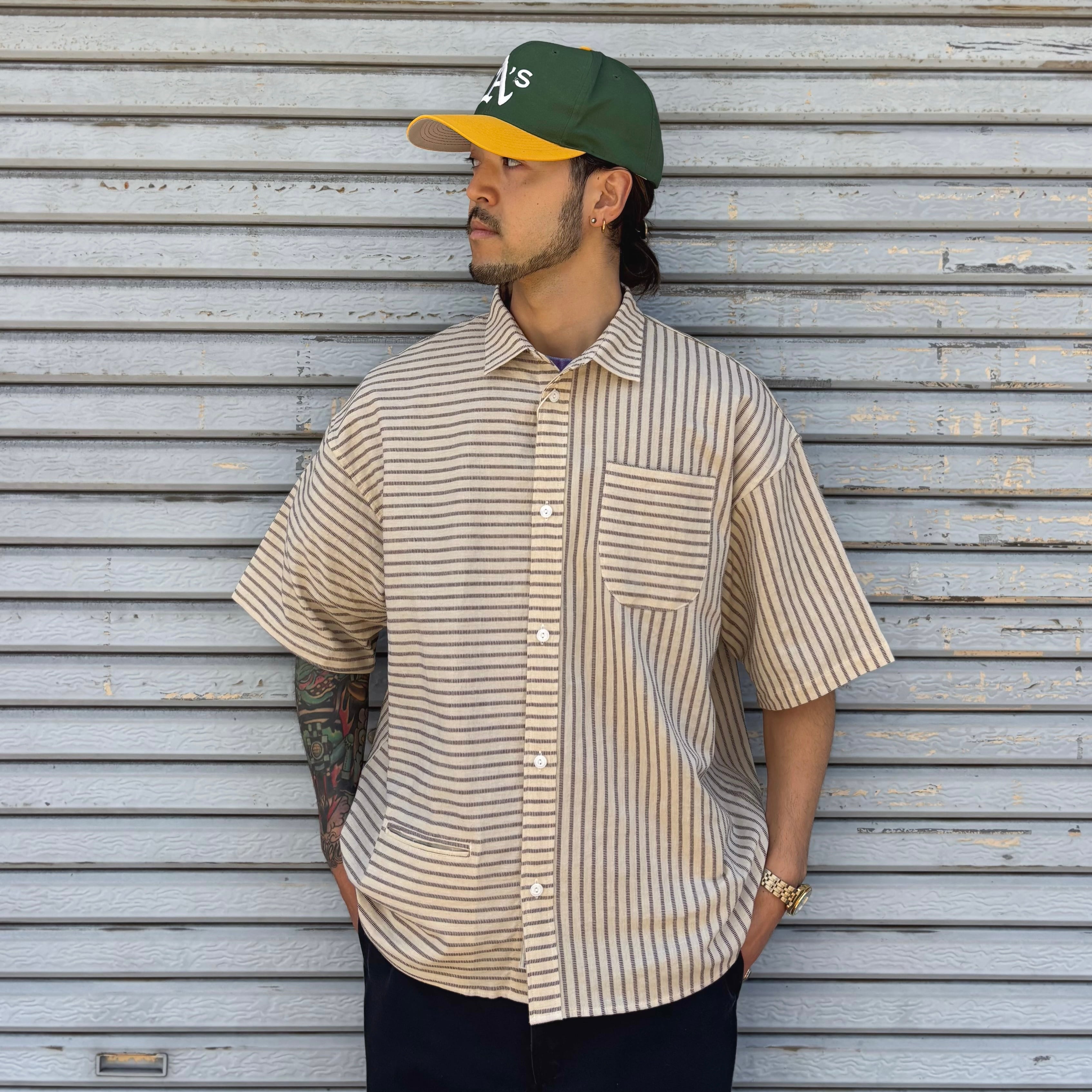 NOROLL NORMAL SHIRT STRIPE S/S - BROWN ブルー / ノーロール