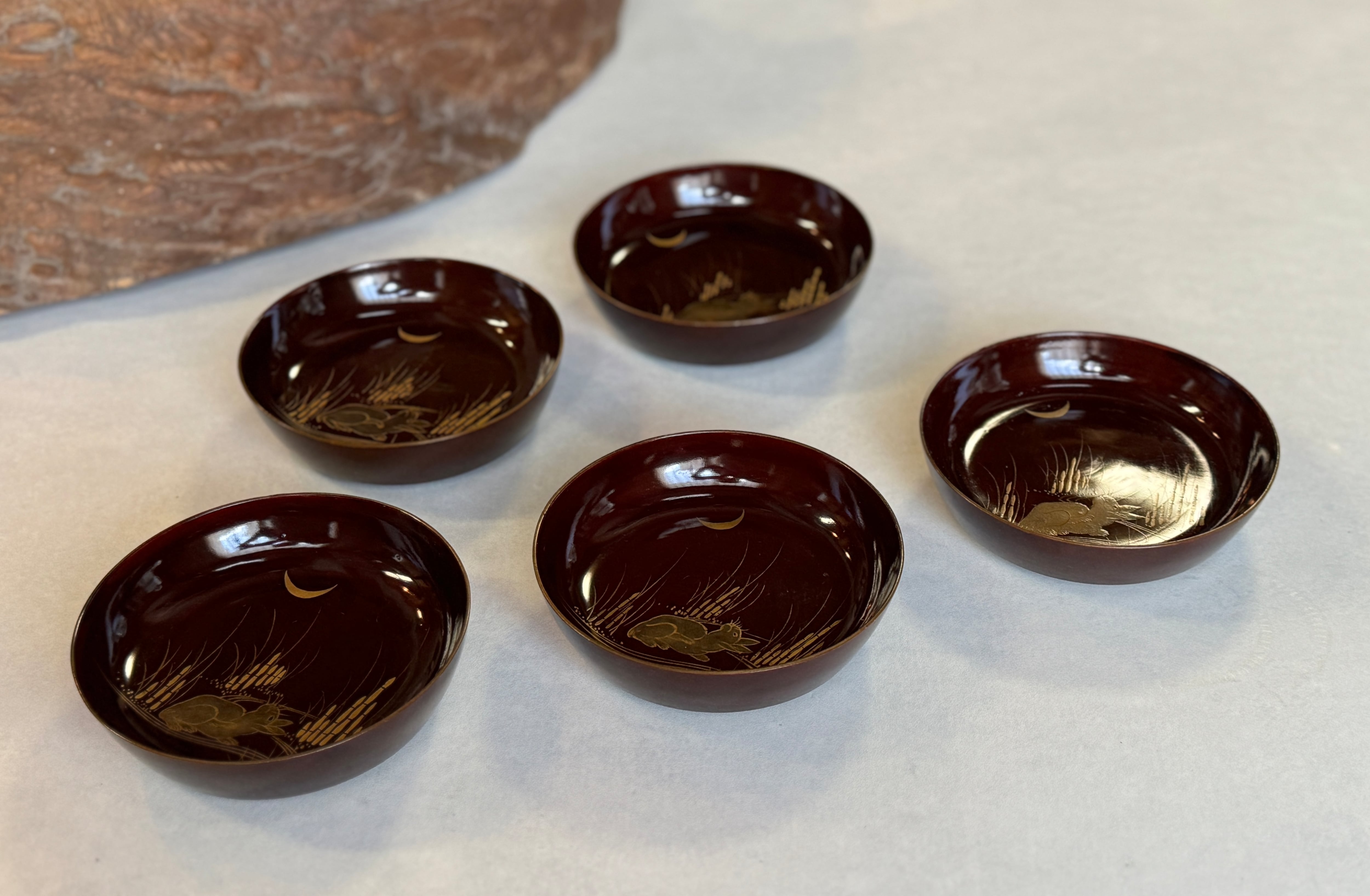 時代物漆器 金蒔絵漆 月うさぎ文木製菓子器5客セット 木製皿 | Pay ID