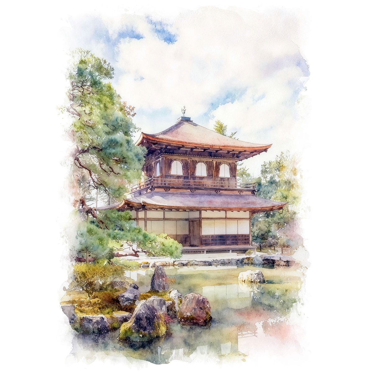 絵画 風景画(街並み) 日本 京都府 銀閣寺 インテリアアート額付き