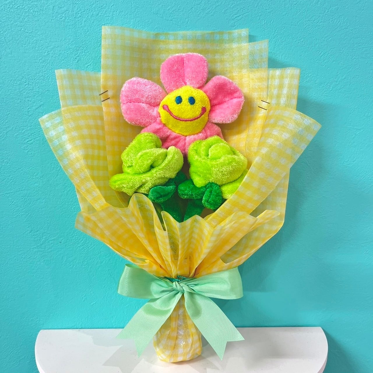 3本ミックスブーケ_ぬいぐるみ花束_スマイルフラワー1本＆薔薇2本_