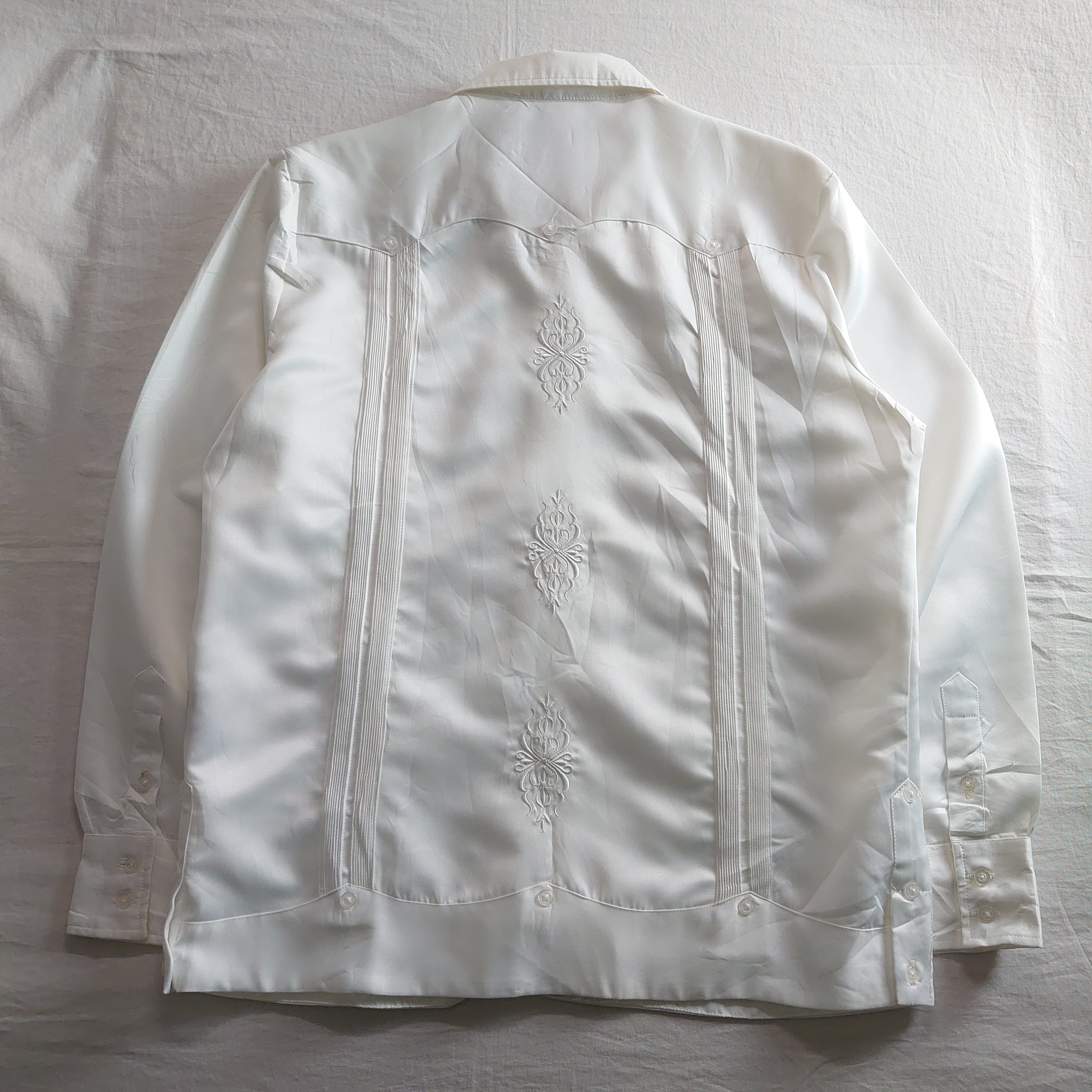 サテン】cuba shirt キューバシャツ ホワイト 開襟シャツ 刺繍 長袖