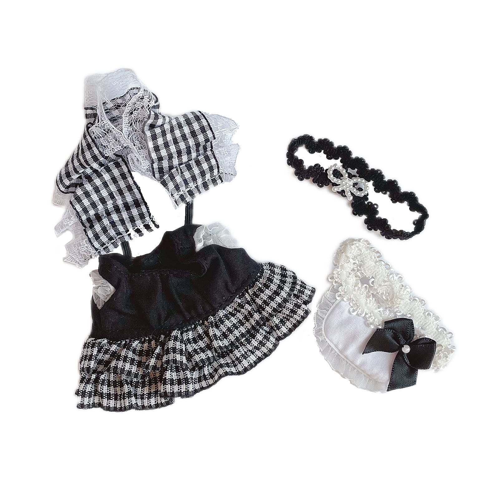 10cmぬいぐるみ用 着せ替え服 ぬい服 ちびぬい チェック柄メイド服 4点