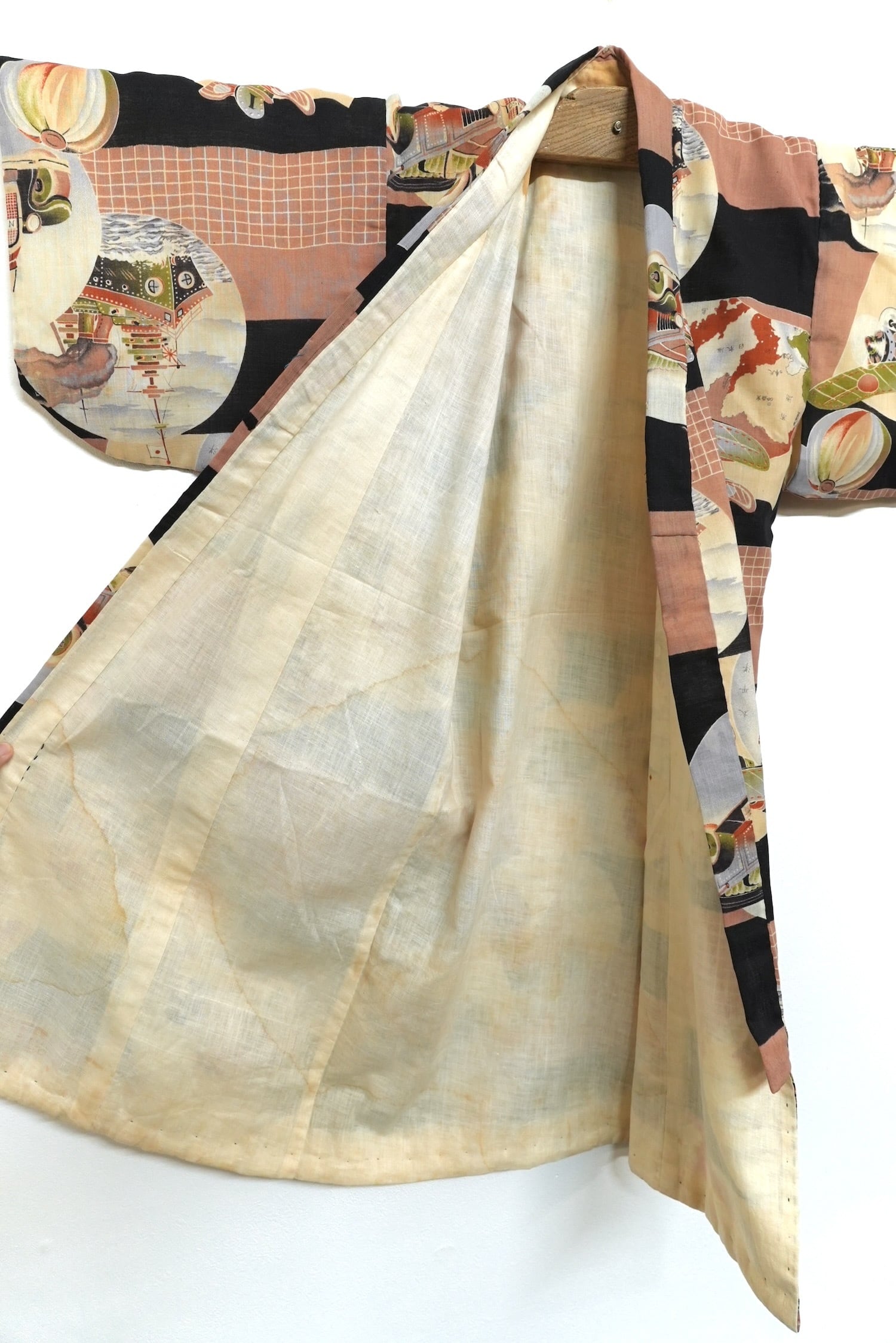 4289 こども着物 戦争柄 満州 戦艦 飛行機 背守り モスリン（ウール