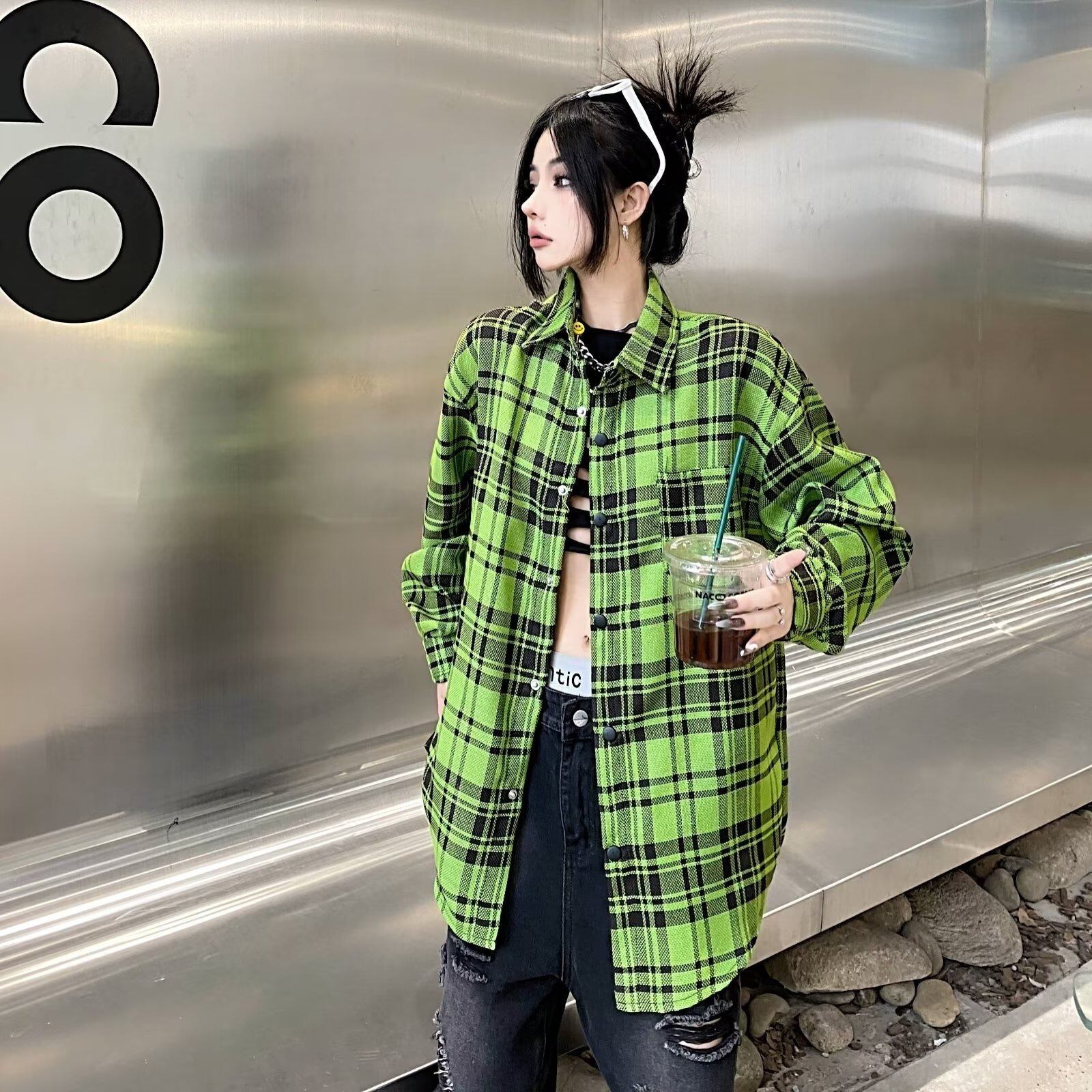 韓国通販 dgo】ユニセックス チェック柄シャツジャケット グリーン