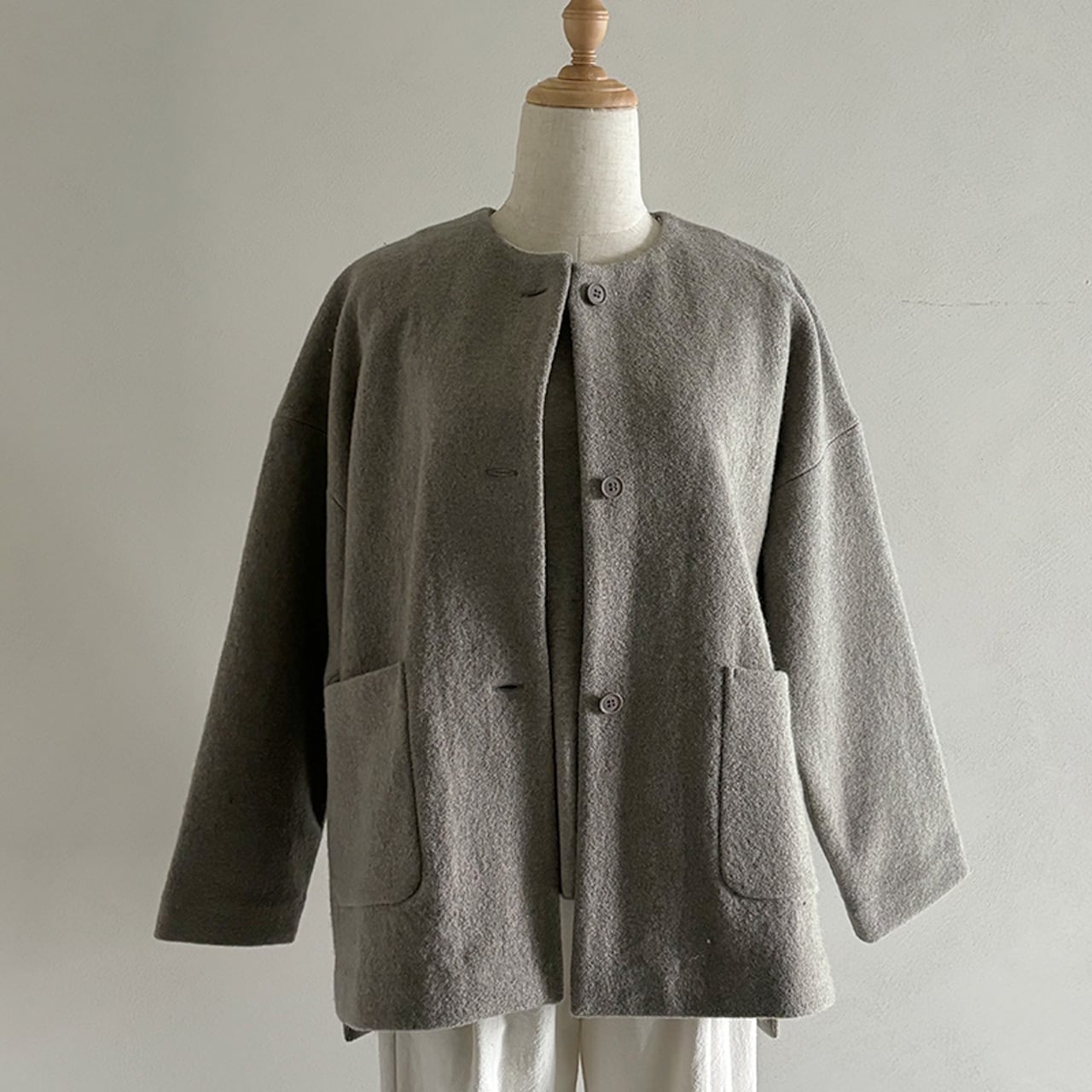 press wool no collar jacket プレスウールノーカラージャケット evam