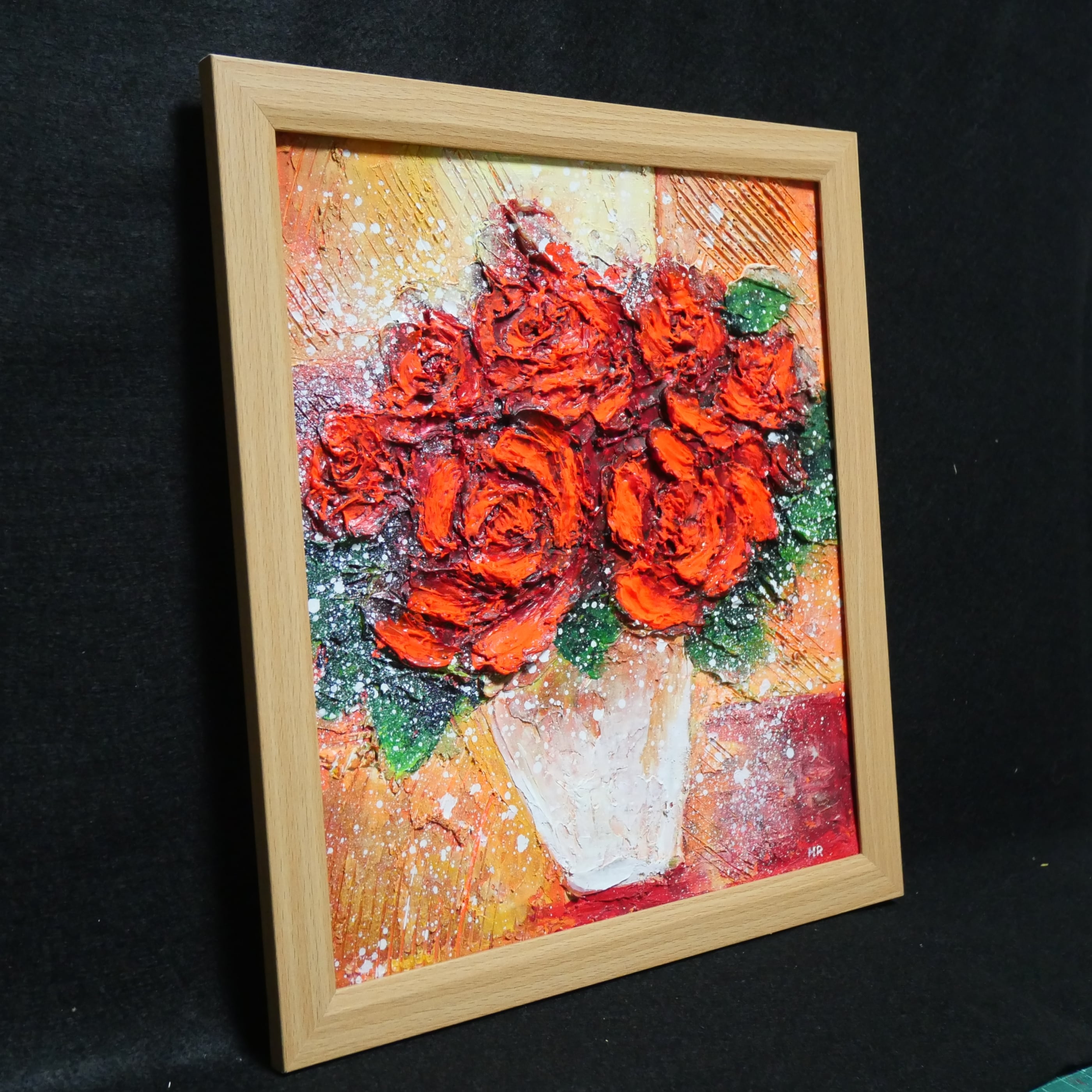 肉筆】油絵 薔薇 豪華額縁付き 薔薇の絵 真筆 アンティーク インテリア