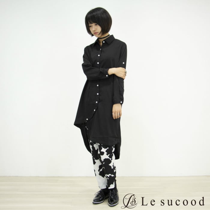 Le sucood】アシンメトリー ロング シャツ モード 全二色 黒 白 ユニ