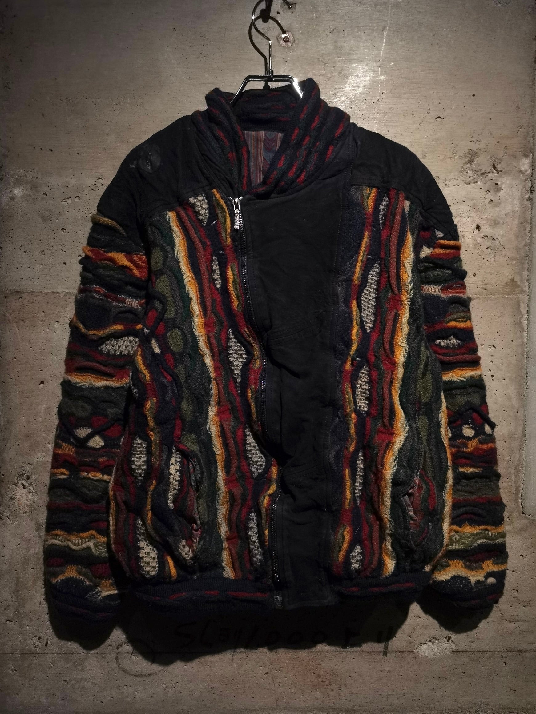 Caka】COOGI Suede Leather Swiching Design Zip Up 3D Knit Jacket
