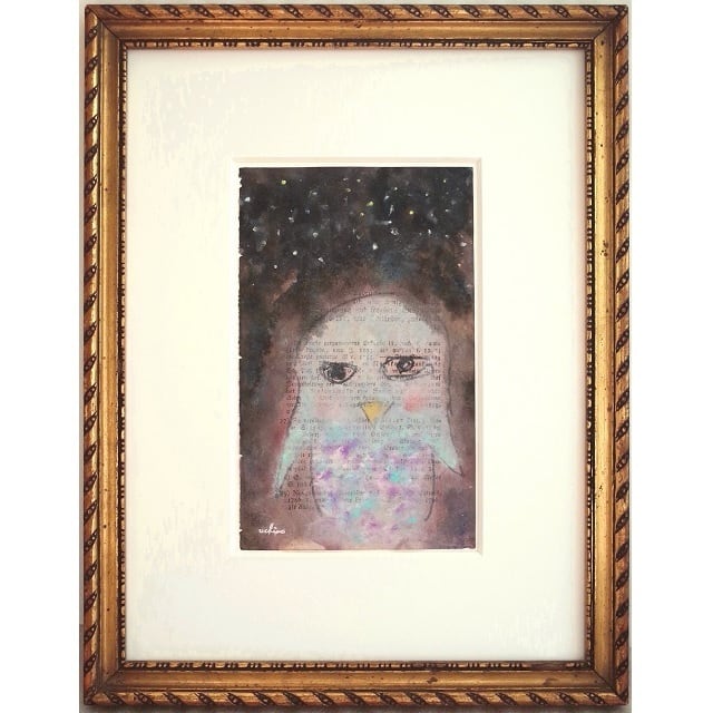 フクロウ」 古い紙にアクリル ・ペン* 現代アート作品 イラスト
